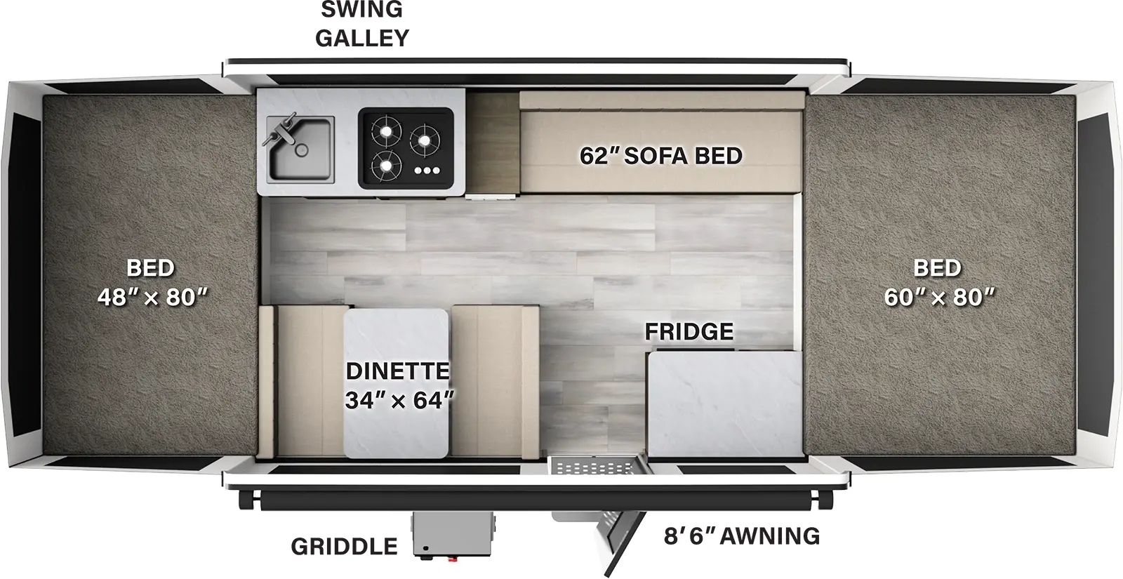 The 1970ESP has no slideouts and one entry door. Exterior features an 8 foot 6 inch awning and a griddle. Interior layout front to back: front tent bed; off-door side sofa bed, and swing galley with cooktop and sink; door side countertop with refrigerator, entry, and dinette; rear tent bed.